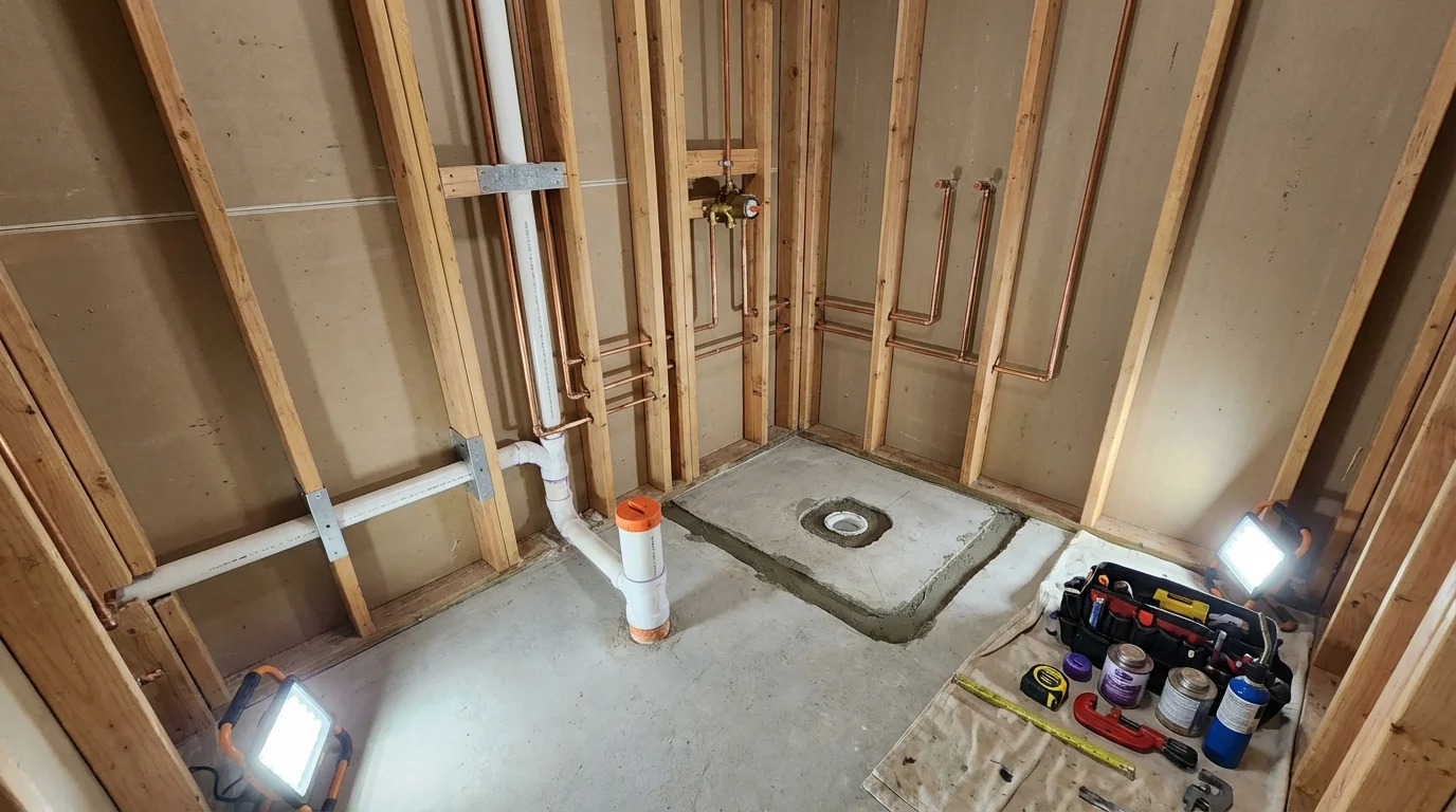 Bathroom rough-in plumbing during remodel by Johns Plumbing LLC in Louisburg