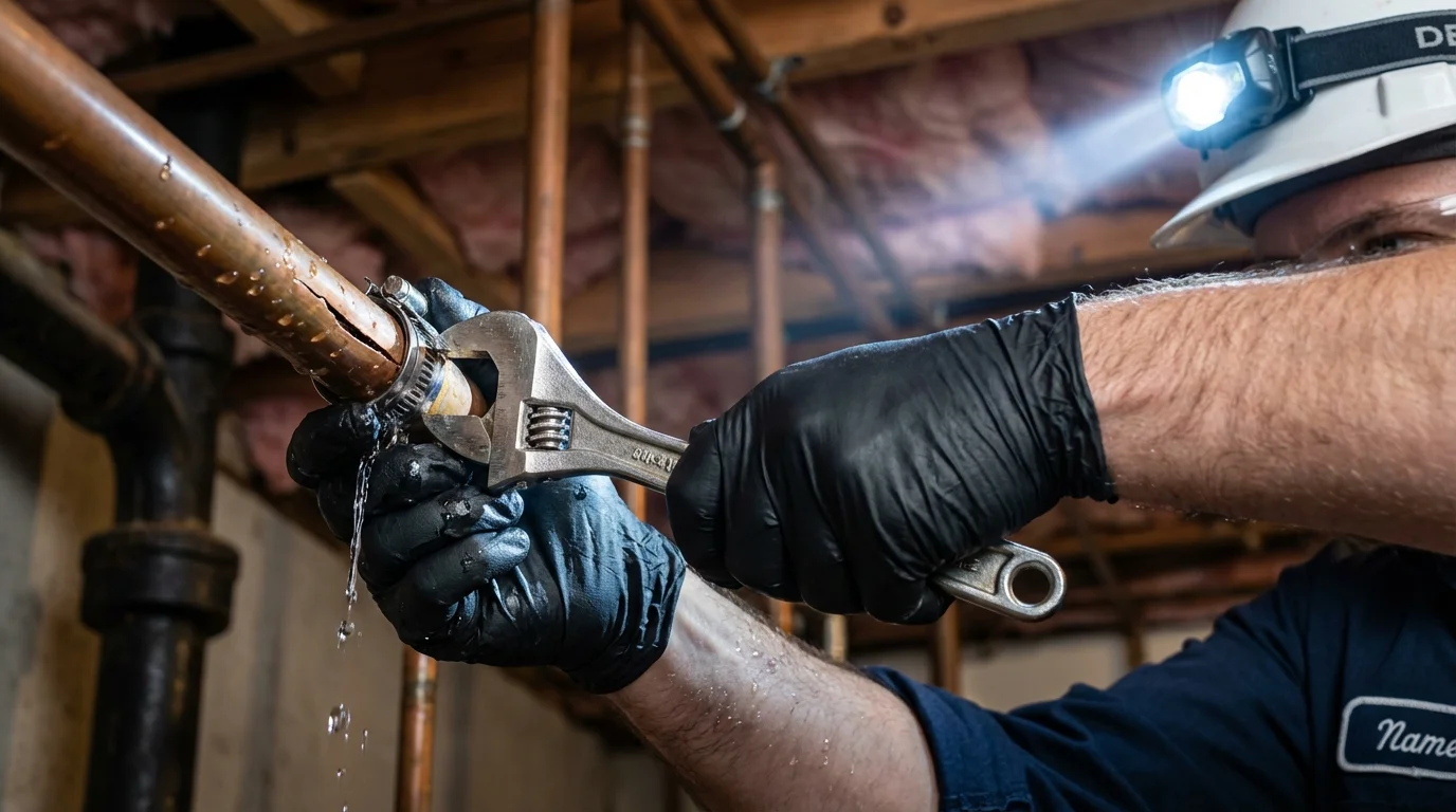 Emergency pipe clamp repair being performed by a Johns Plumbing LLC plumber in Louisburg