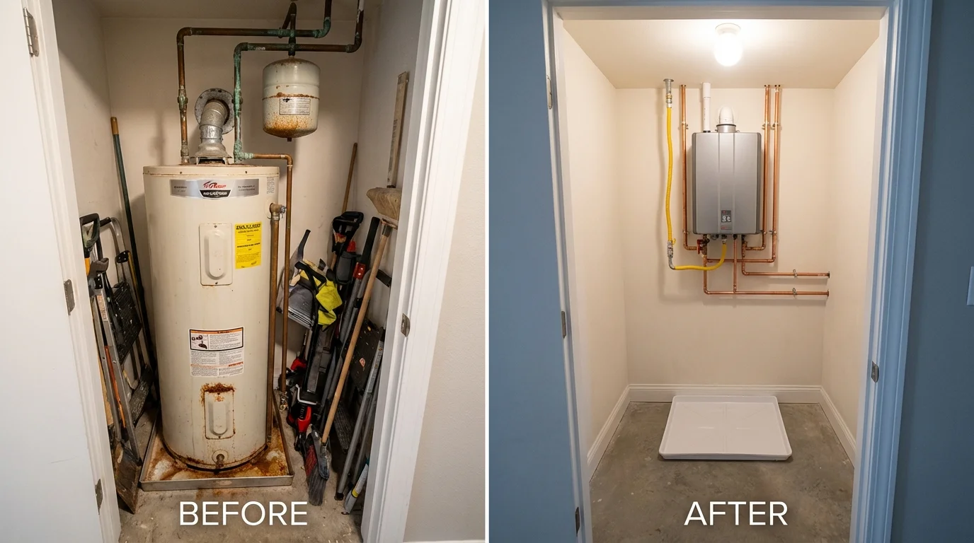 Tank water heater versus wall-mounted tankless unit comparison for Louisburg, KS homeowners