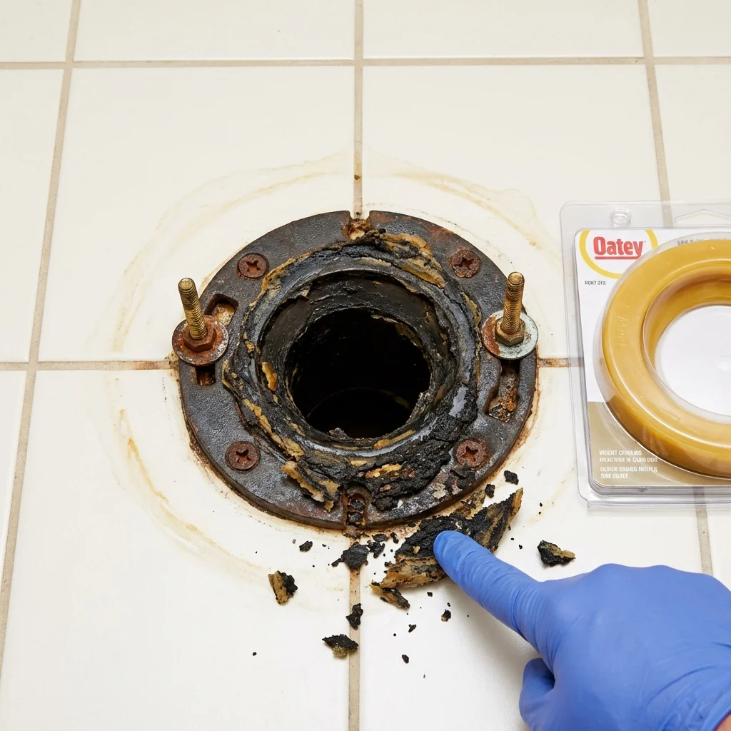 Failed wax ring showing water seepage at the base of a toilet in a Louisburg, KS home