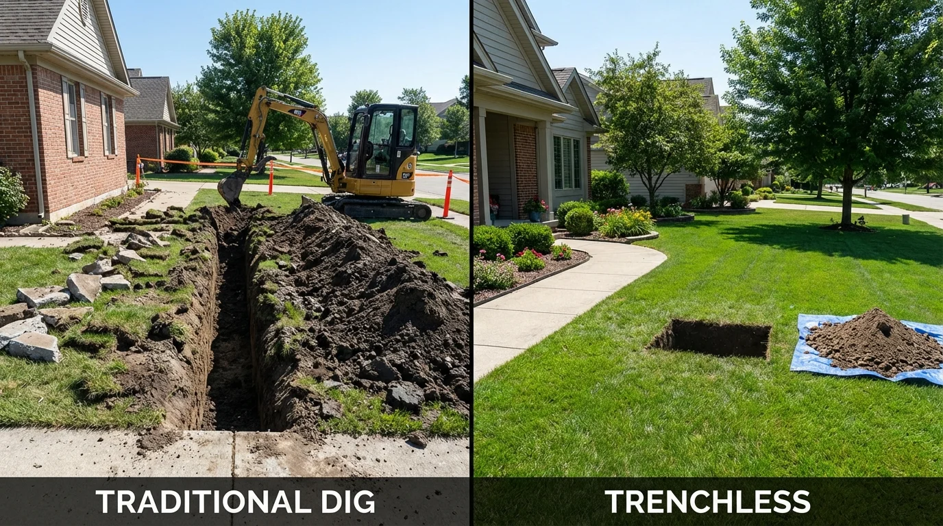 Trenchless sewer repair with minimal yard damage versus traditional excavation in Louisburg, KS