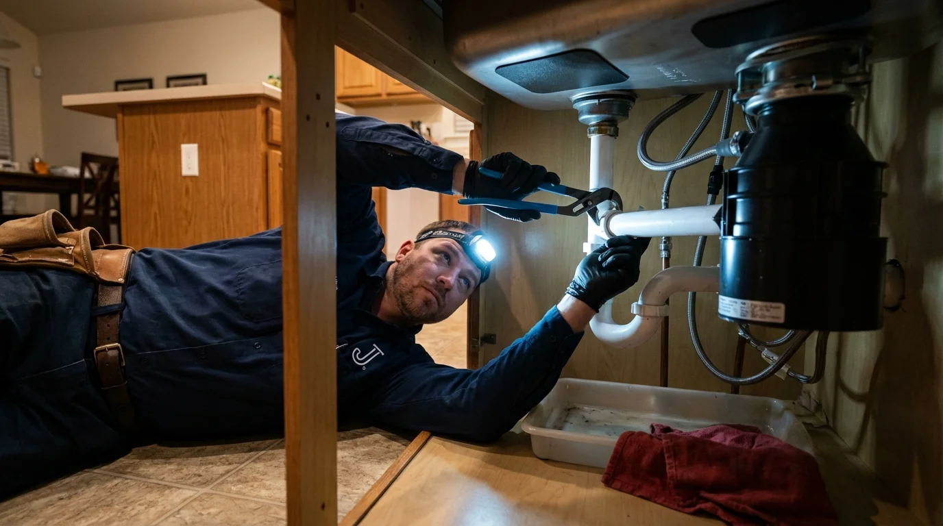 P-trap and supply line connections under a kitchen sink showing a common leak point in Louisburg, KS